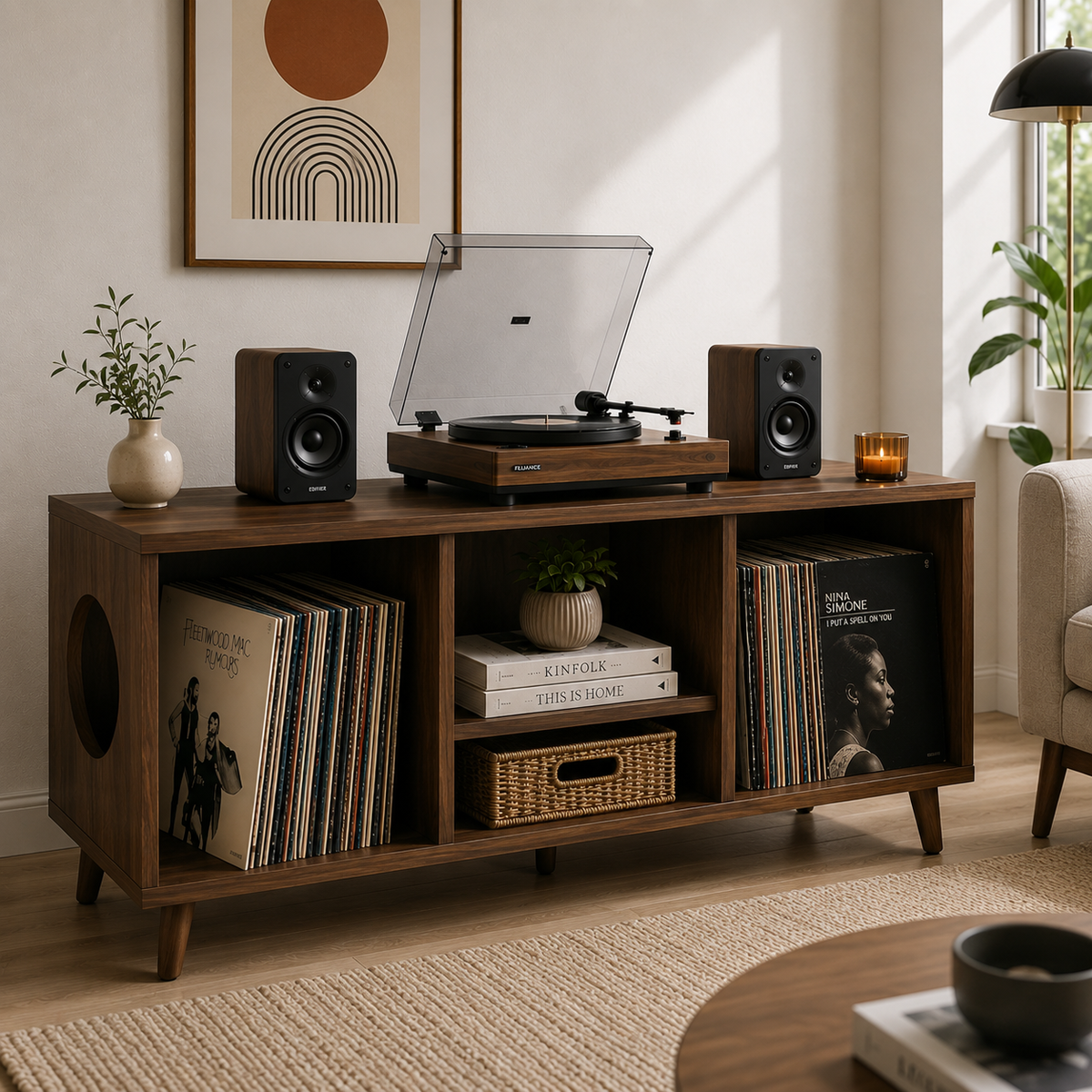 Modern Record Player Stand with Vinyl Storage – Turntable Cabinet & LP Organizer