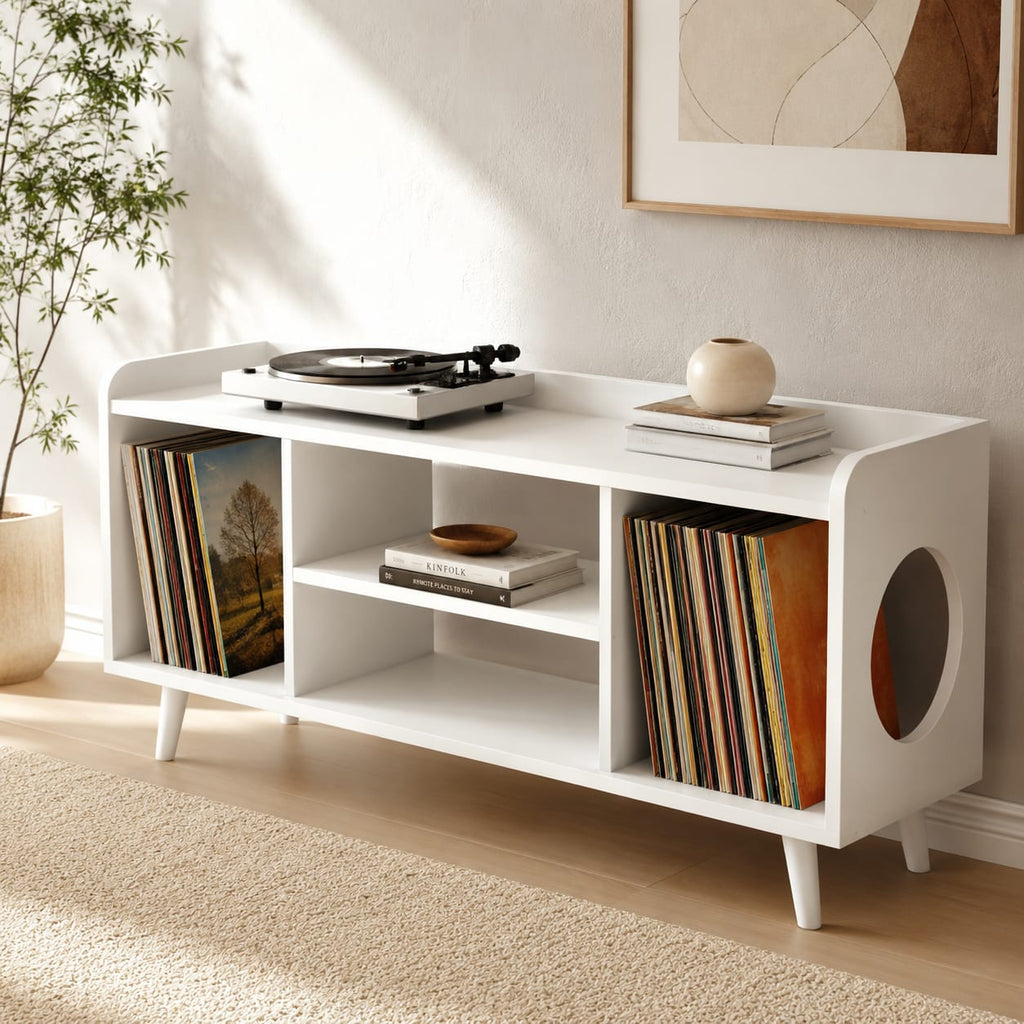 Mid-Century Record Player Table – Turntable Stand with Vinyl Storage & LP Organizer
