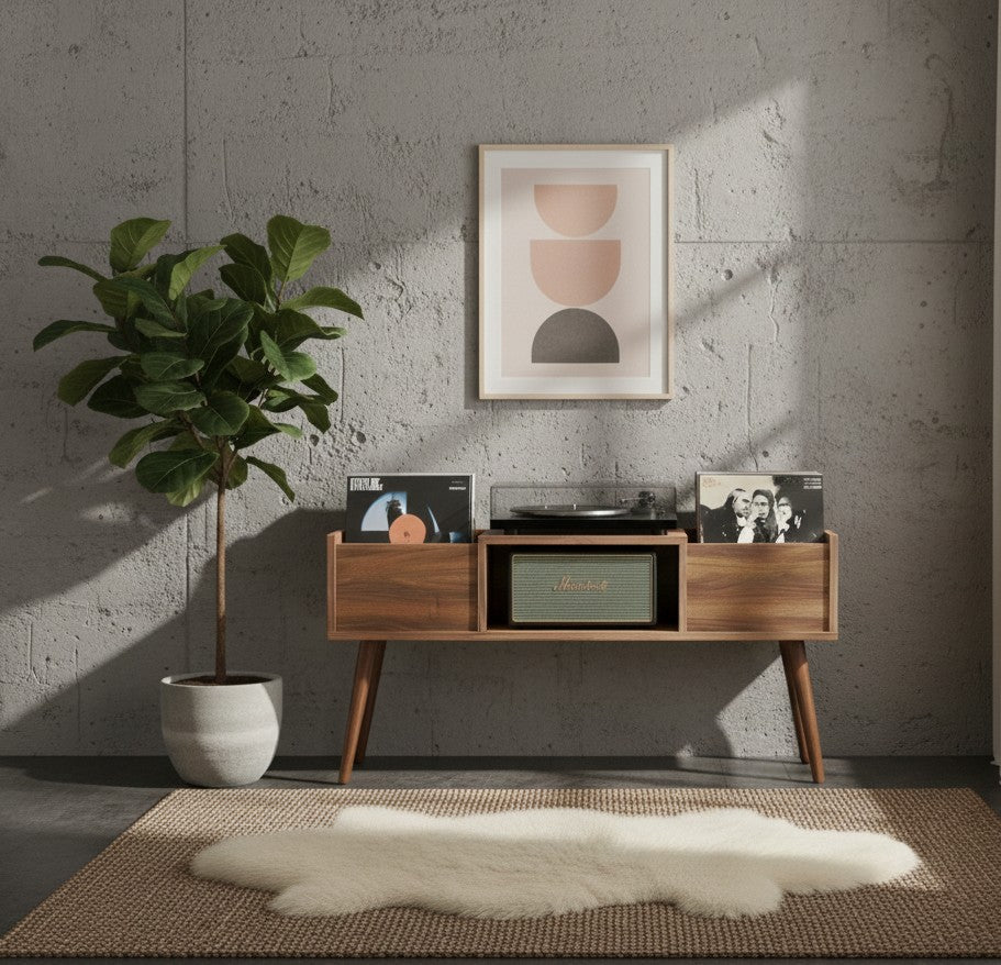 120cm レコードプレーヤー台（レコード収納付き）– モダンなターンテーブルスタンド＆LPオーガナイザー