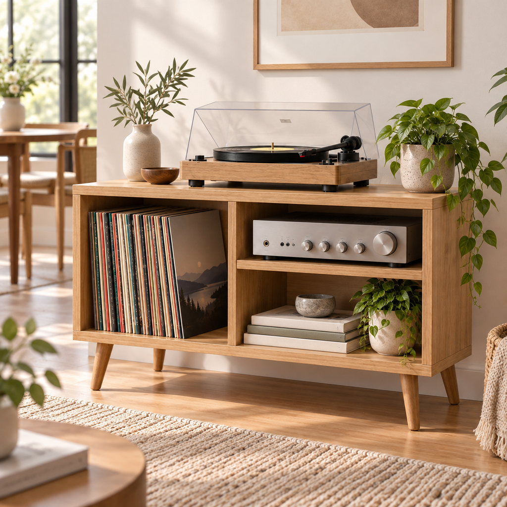 Modern Record Player Stand with Vinyl Storage – Turntable Table & LP Organizer