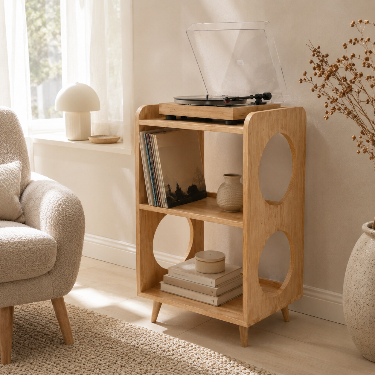 Mid-Century Record Player Stand with Vinyl Storage – Narrow Turntable Stand & LP Organizer