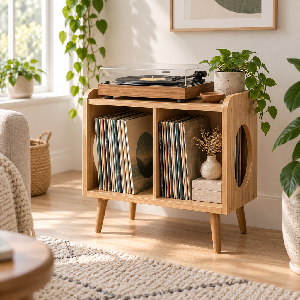 Compact Record Player Stand with Vinyl Storage – Turntable Stand & LP Organizer, 45 cm Wide