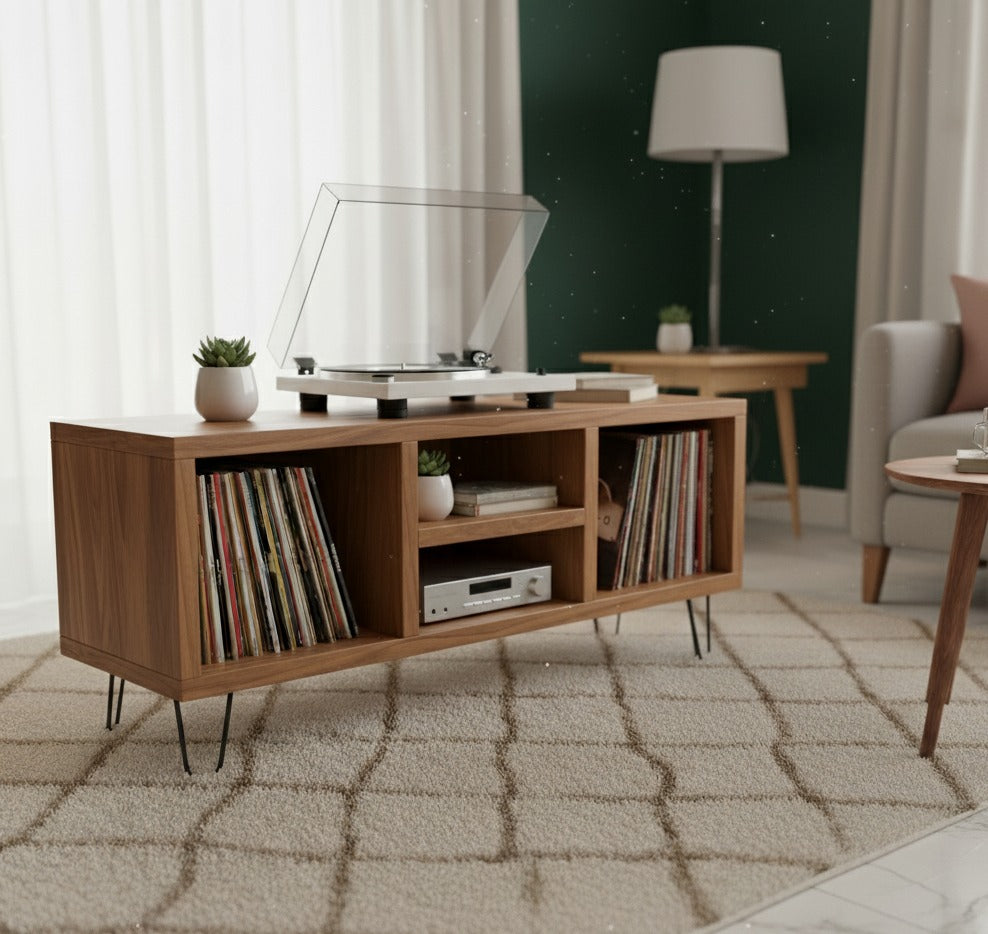 Low Profile Record Player Stand with Vinyl Storage – Turntable Cabinet & LP Organizer