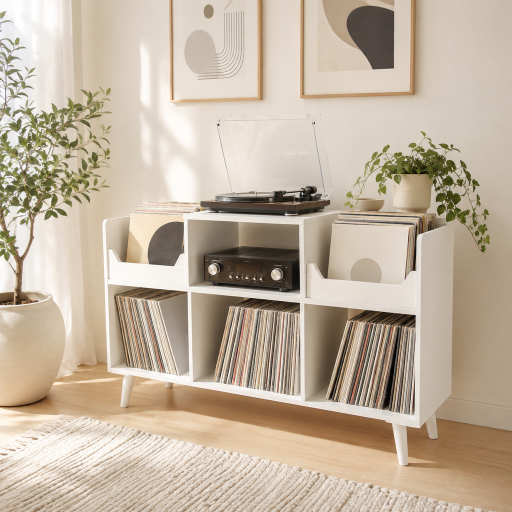 Mid-Century Record Player Stand with Vinyl Storage – Turntable Console & LP Organizer