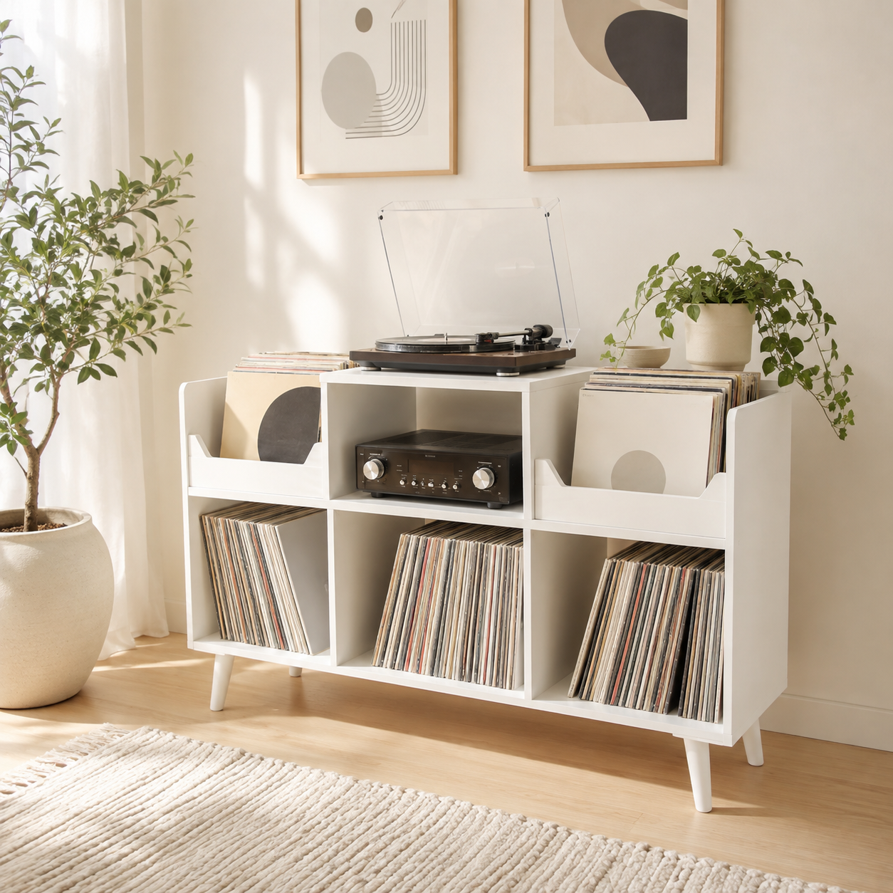 Mid-Century Record Player Stand with Vinyl Storage – Turntable Console & LP Organizer