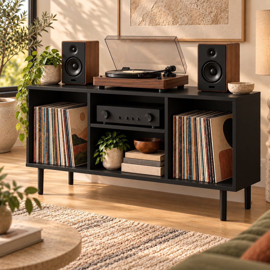 Modern Record Player Stand with Vinyl Storage – Turntable Table & LP Organizer