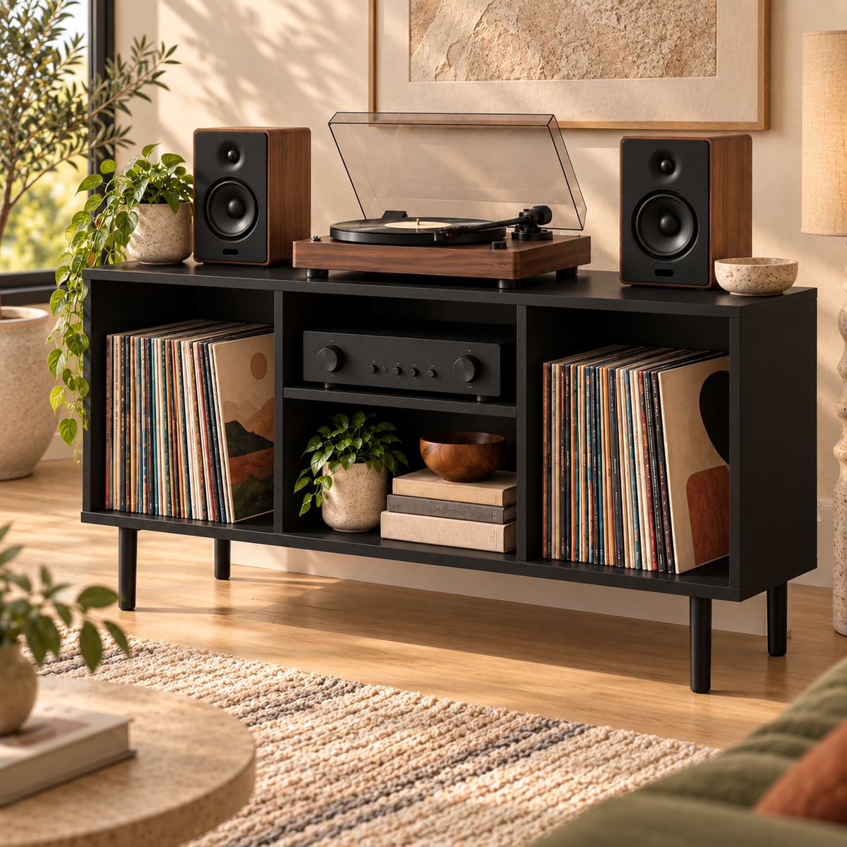 Modern Record Player Stand with Vinyl Storage – Turntable Table & LP Organizer