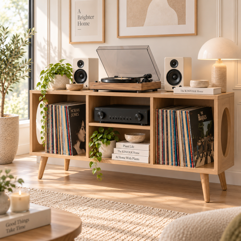 Vinyl Record Storage Console & Turntable Stand | LP Cabinet
