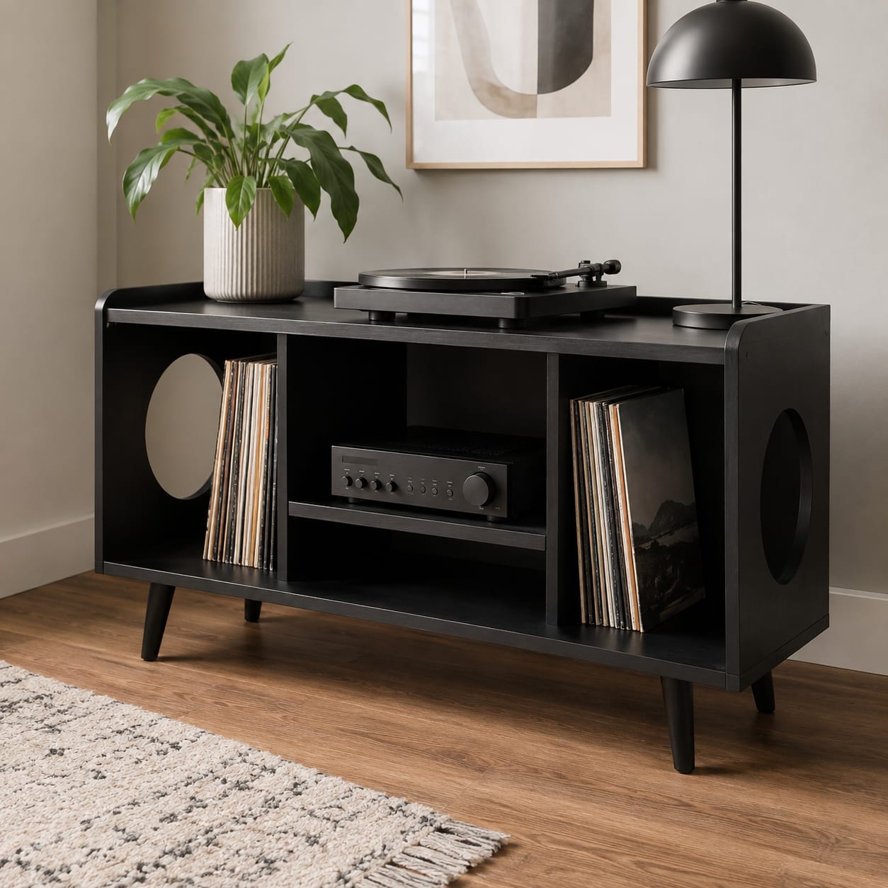 Mid-Century Record Player Table – Turntable Stand with Vinyl Storage & LP Organizer