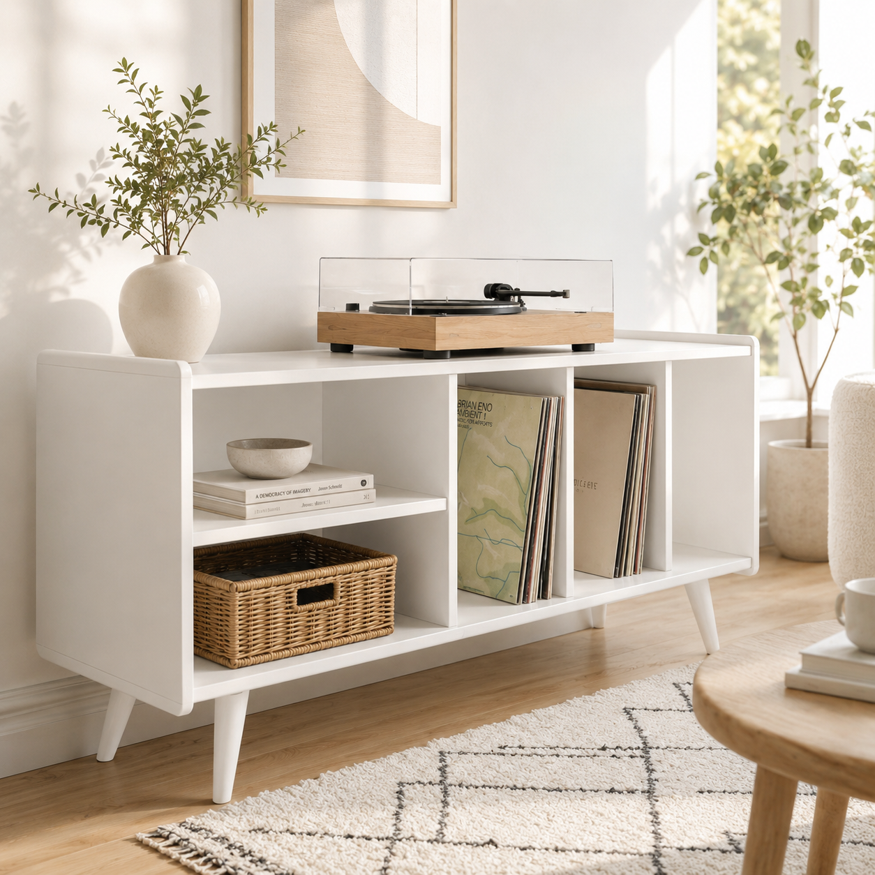 Mid-Century Record Player Stand with Vinyl Storage – Turntable Console & LP Storage Cabinet