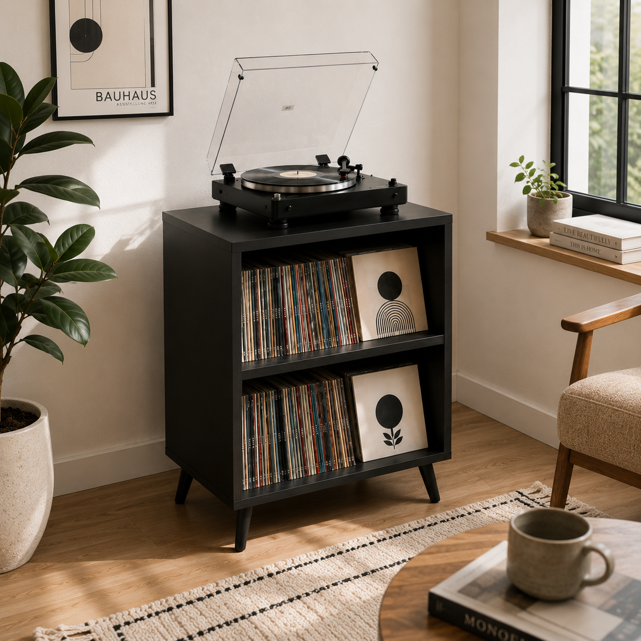 Tall Record Player Stand with Vinyl Storage – Modern Turntable Stand & LP Organizer