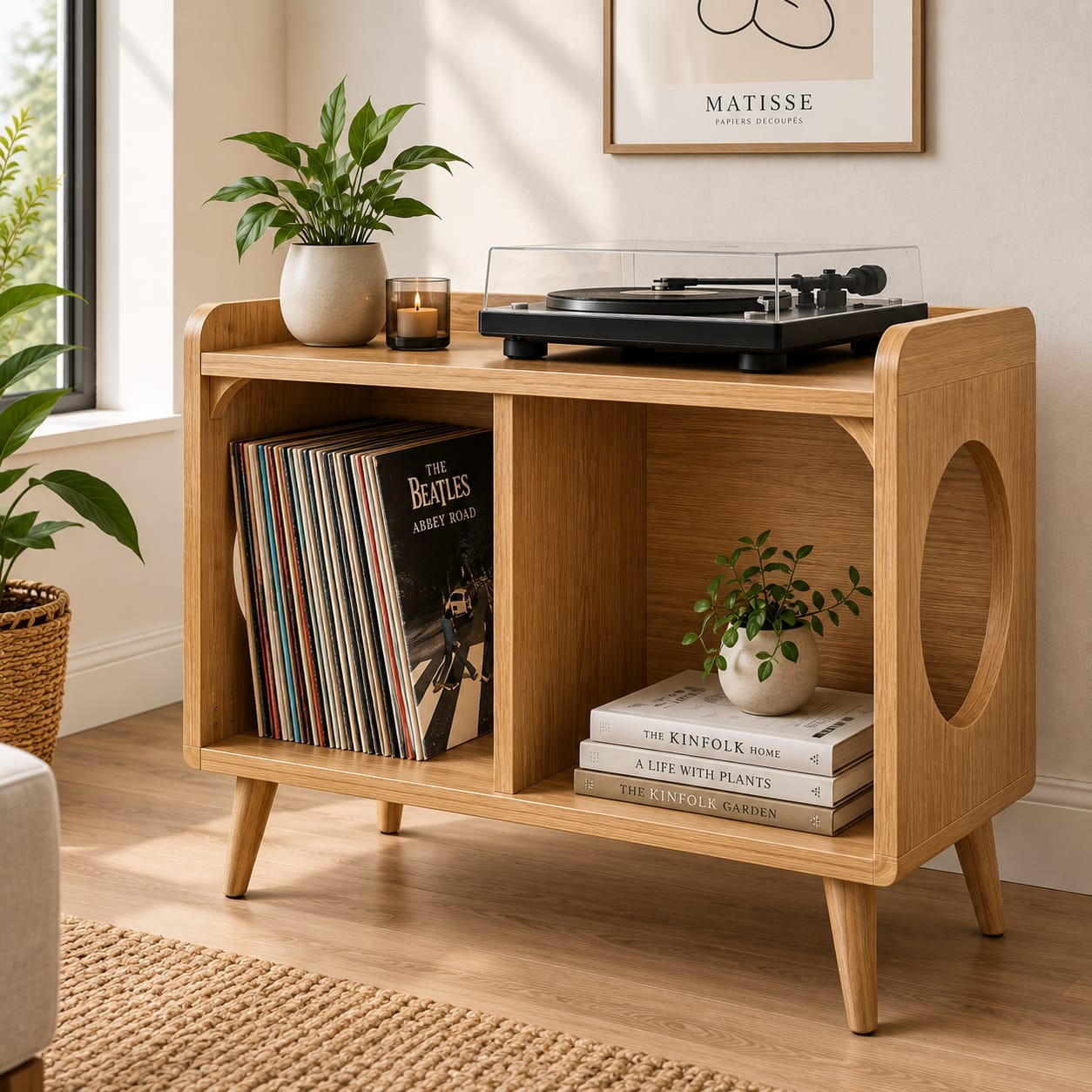 Mid-Century Record Player Stand with Vinyl Storage – 60 cm Turntable Stand & LP Organizer