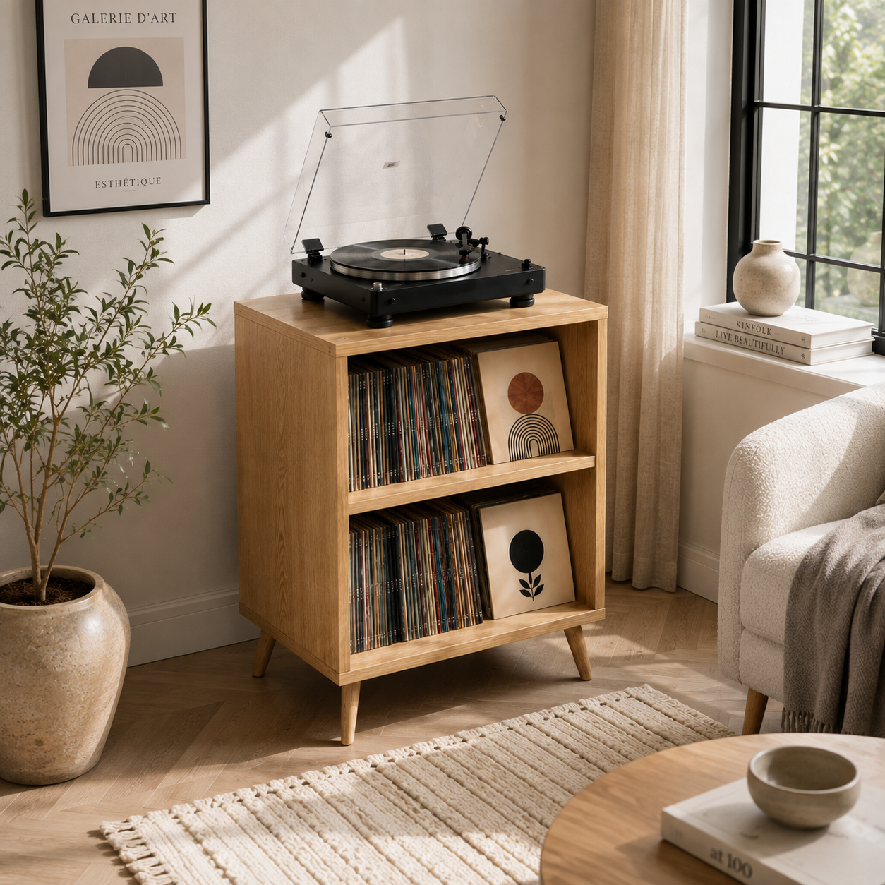 Tall Record Player Stand with Vinyl Storage – Modern Turntable Stand & LP Organizer
