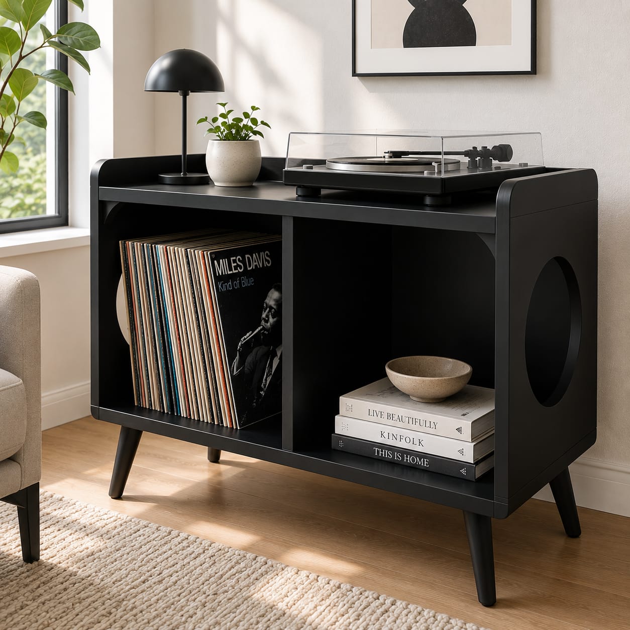 Mid-Century Record Player Stand with Vinyl Storage – 60 cm Turntable Stand & LP Organizer