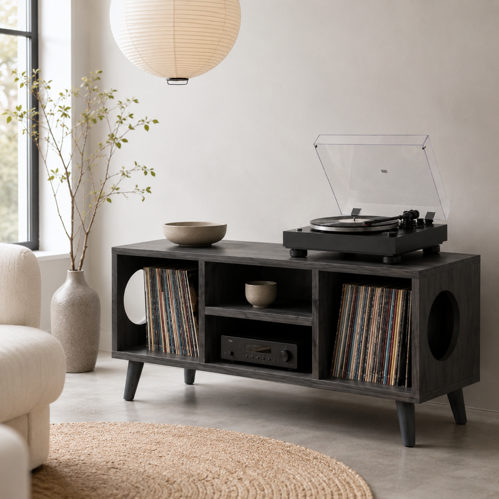 Modern Record Player Stand with Vinyl Storage – Low Turntable Stand & LP Organizer