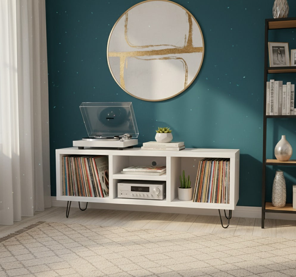 Low Profile Record Player Stand with Vinyl Storage – Turntable Cabinet & LP Organizer