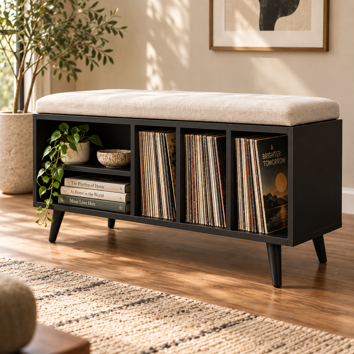 Vinyl Record Storage Bench – LP Organizer & Listening Room