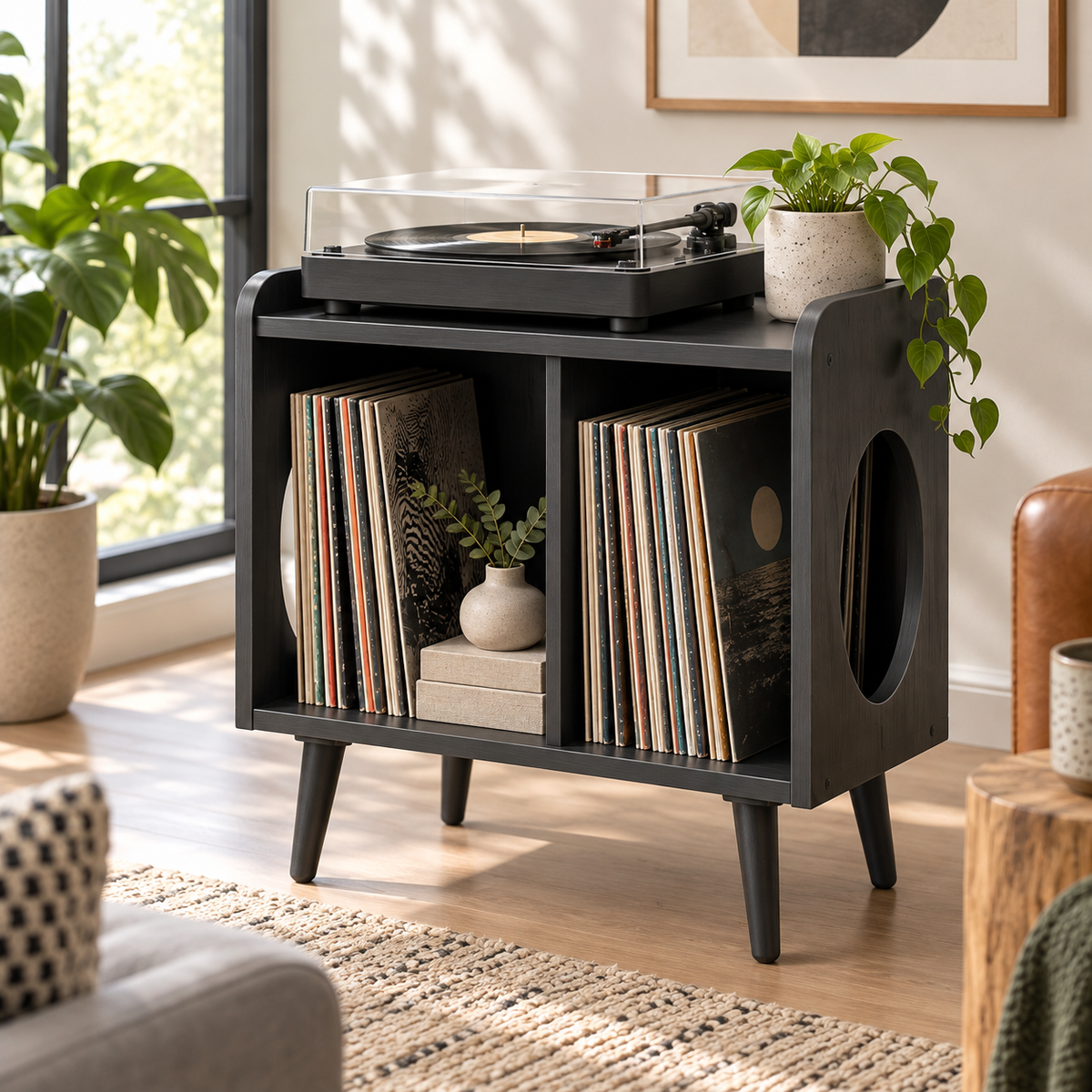 Compact Record Player Stand with Vinyl Storage – Turntable Stand & LP Organizer, 45 cm Wide