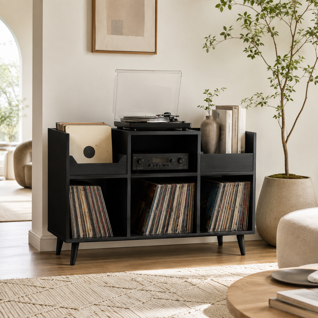 Mid-Century Record Player Stand with Vinyl Storage – Turntable Console & LP Organizer