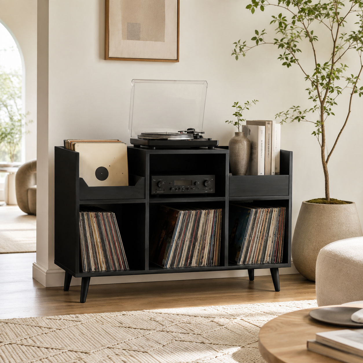 Mid-Century Record Player Stand with Vinyl Storage – Turntable Console & LP Organizer