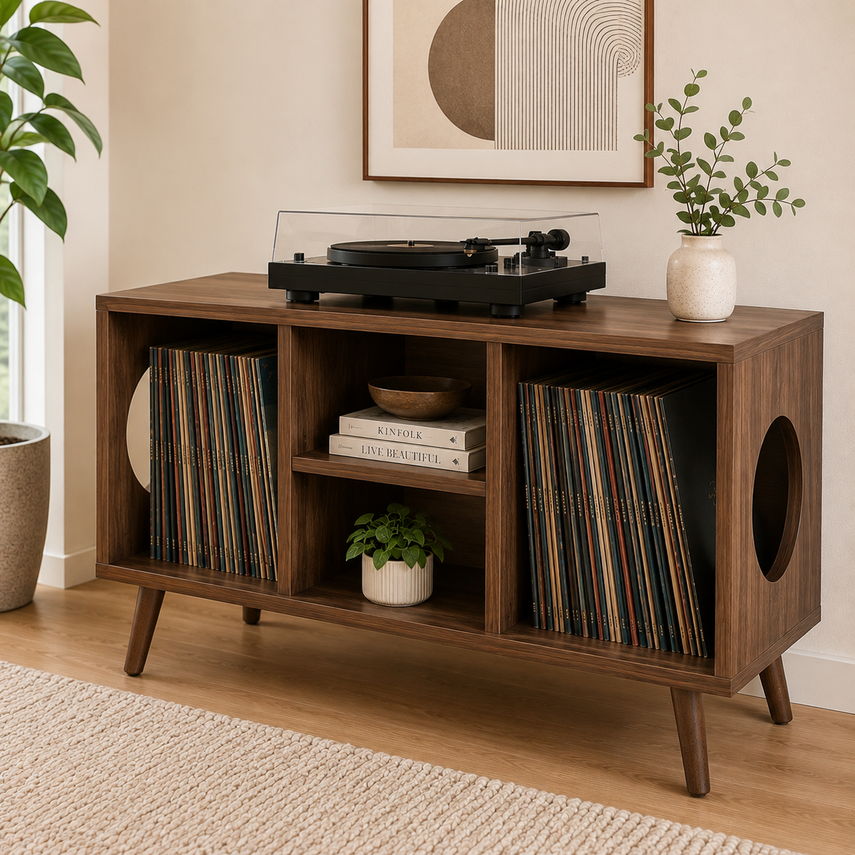 Modern Turntable Stand with LP Storage – Wide Vinyl Record Player Console