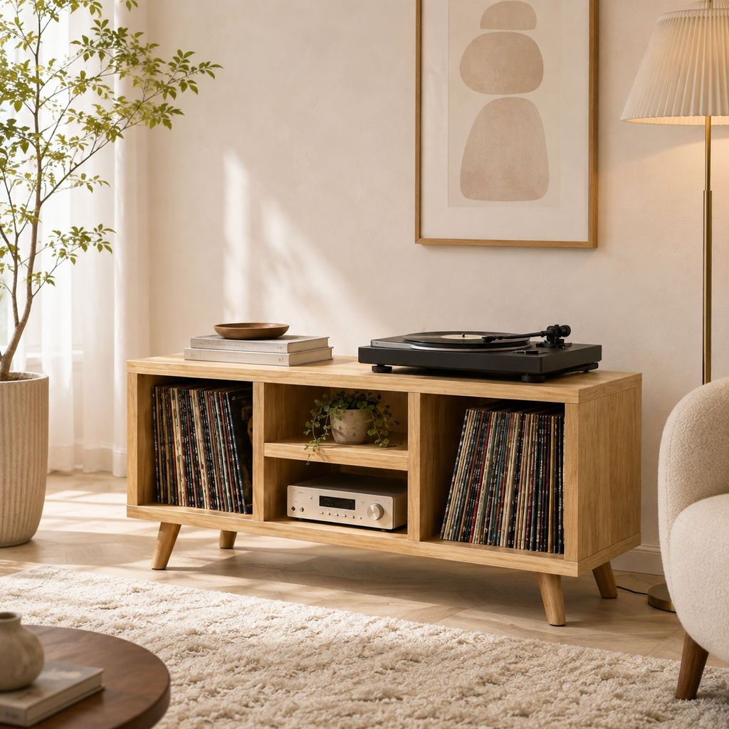 Modern Record Player Stand with Vinyl Storage – Turntable Stand & LP Organizer
