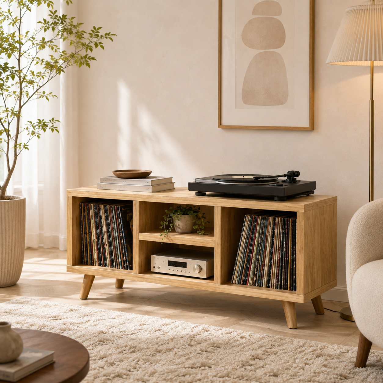 Modern Record Player Stand with Vinyl Storage – Turntable Stand & LP Organizer