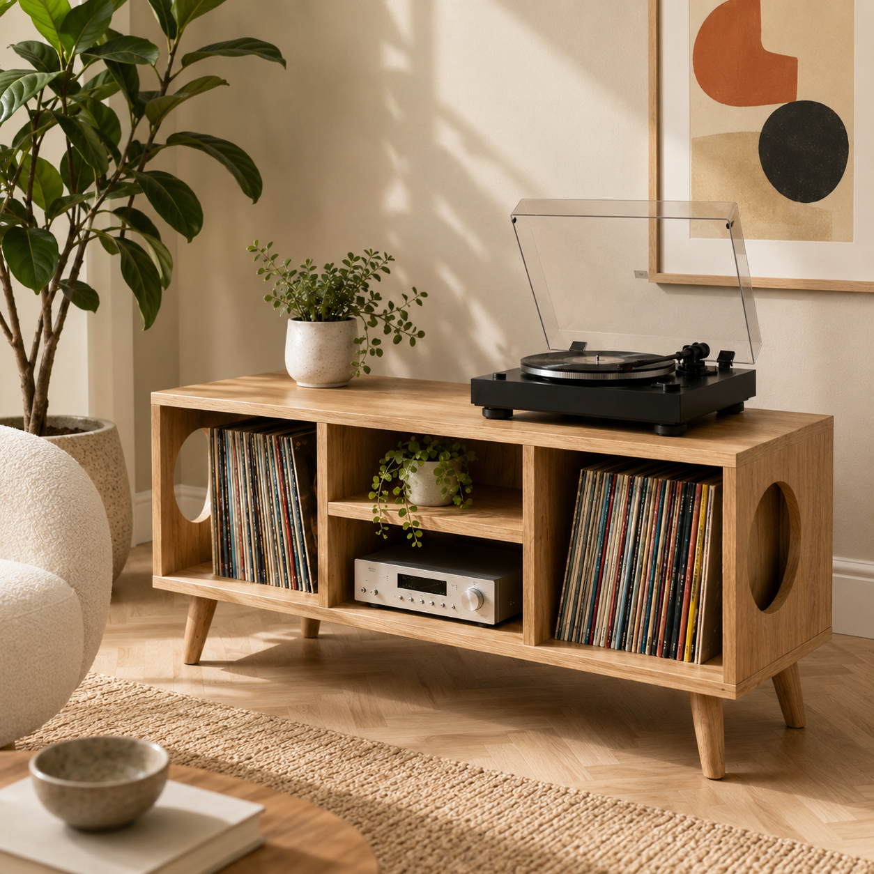 Modern Record Player Stand with Vinyl Storage – Low Turntable Stand & LP Organizer