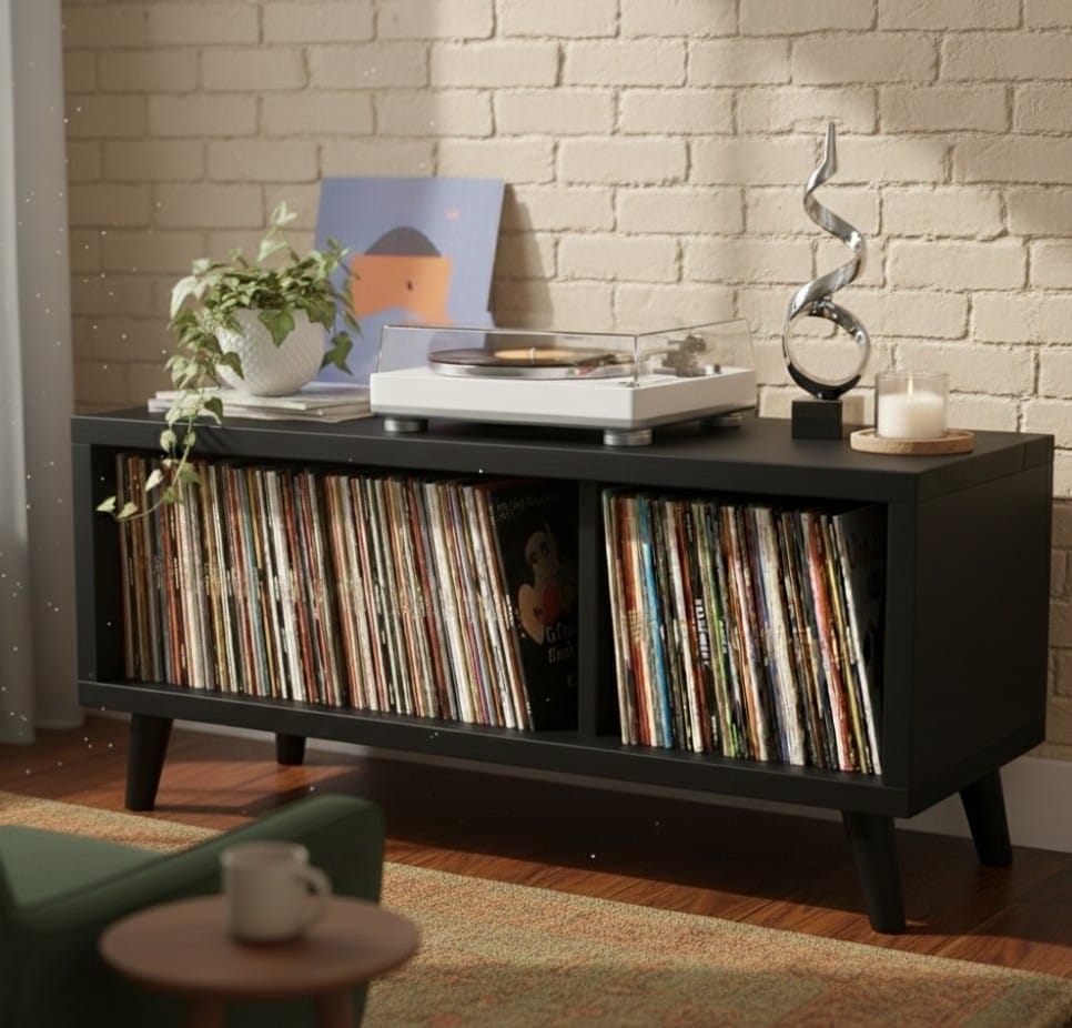 Modern Record Player Stand with Vinyl Storage – Turntable Console & LP Organizer