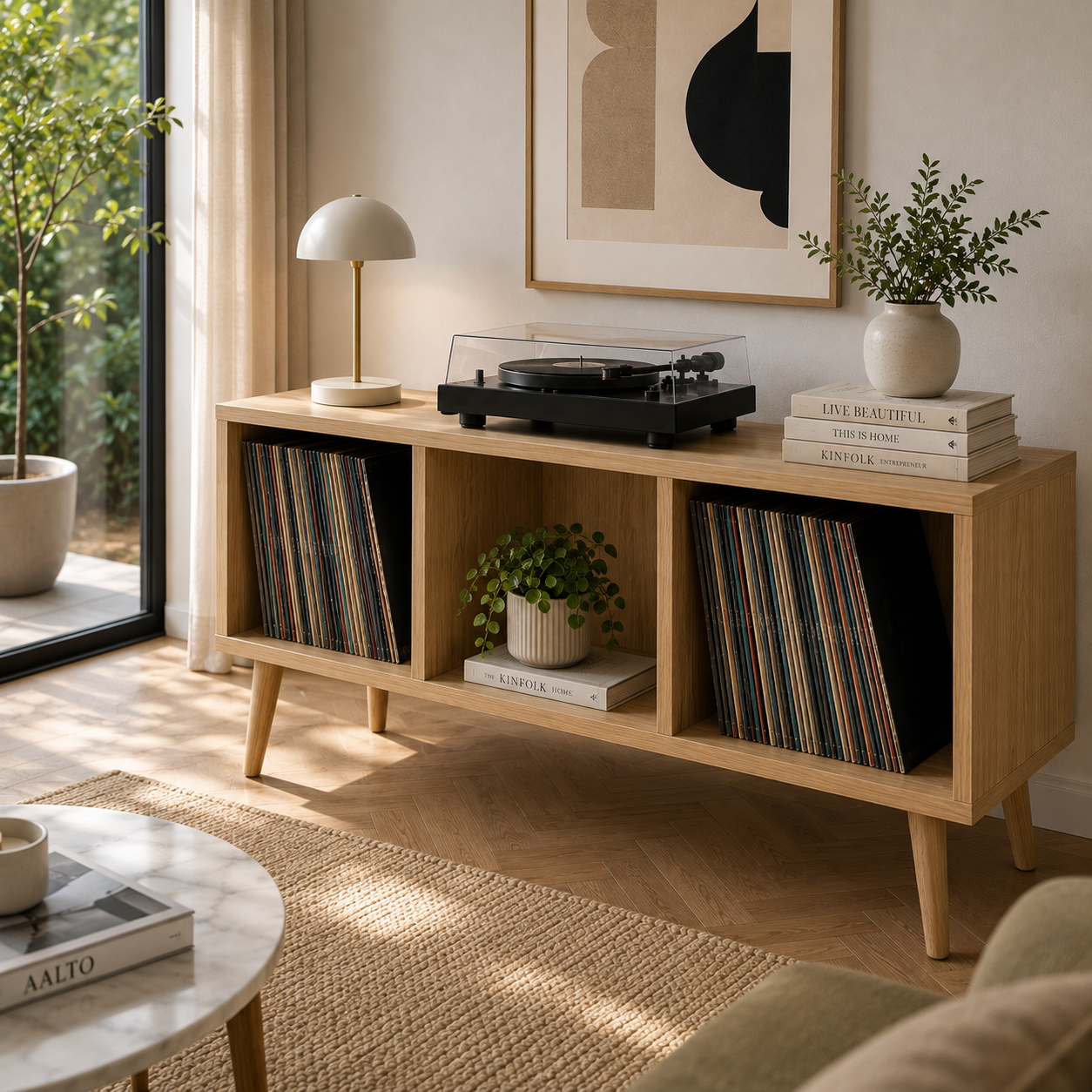 Modern Record Player Stand with Vinyl Storage – Turntable Stand & LP Organizer