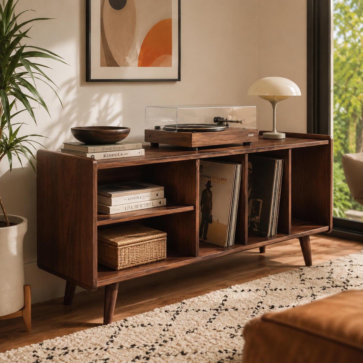 Mid-Century Record Player Stand with Vinyl Storage – Turntable Console & LP Storage Cabinet