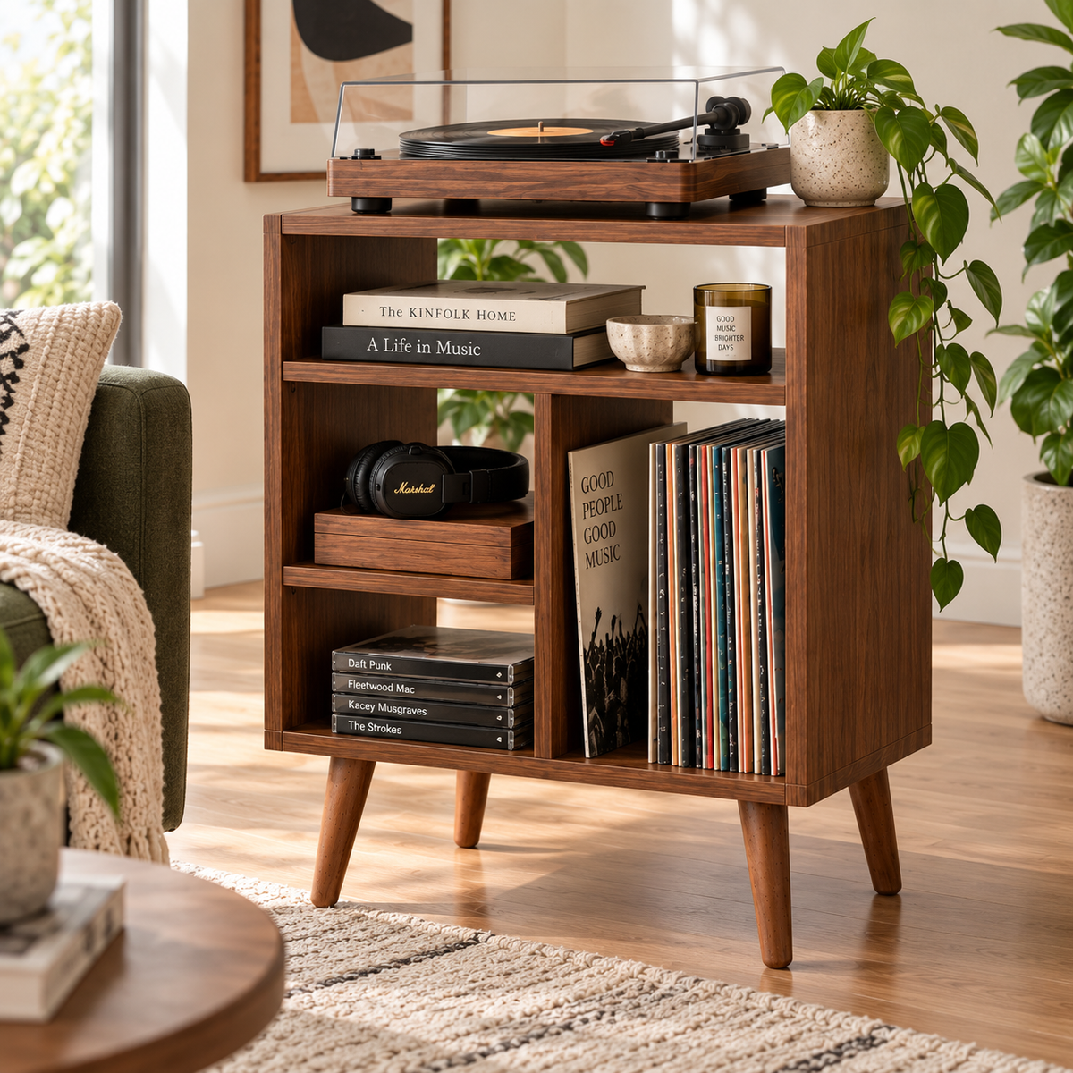 Modern Record Player Stand with Vinyl Storage – Turntable Stand & LP Organizer