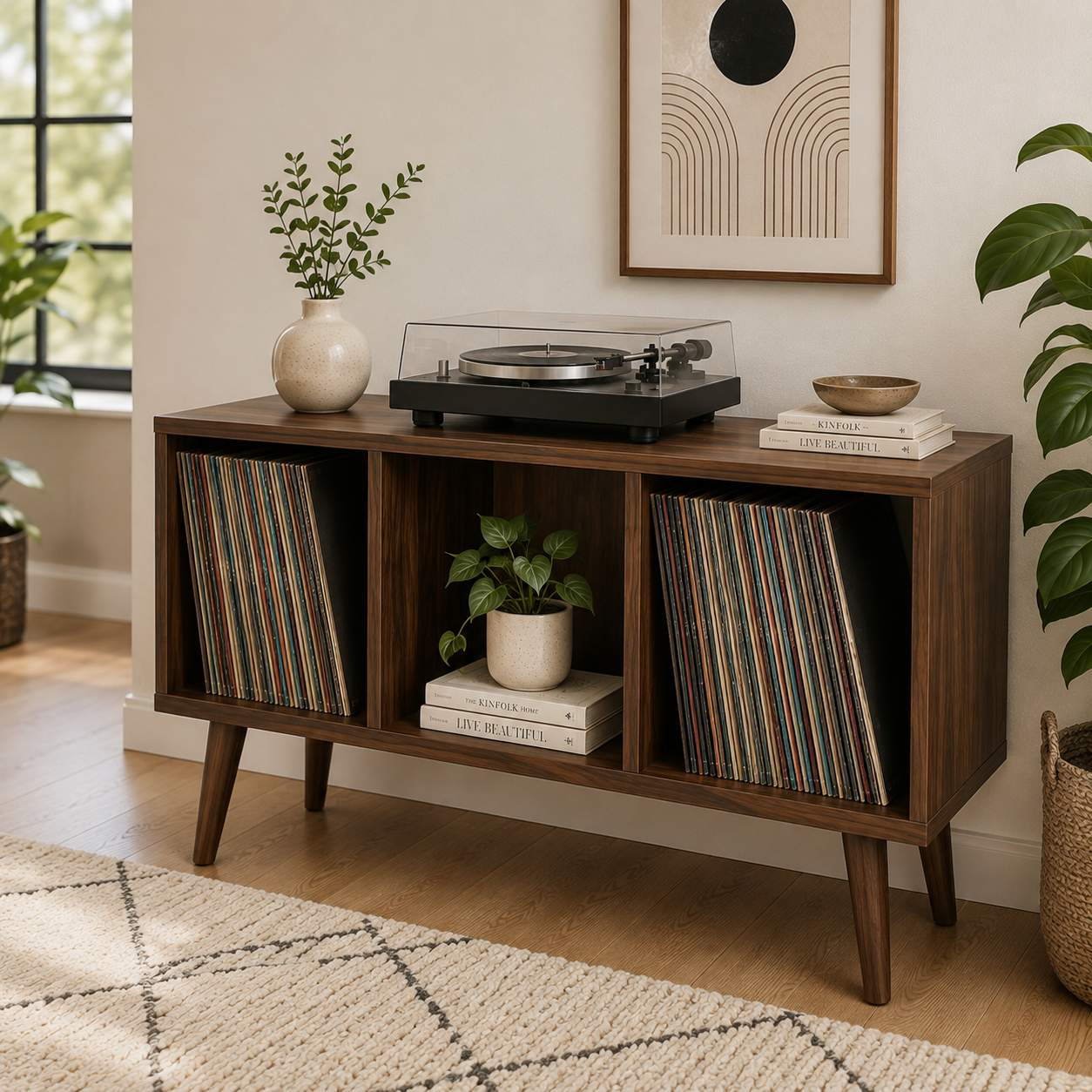 Modern Record Player Stand with Vinyl Storage – Turntable Stand & LP Organizer