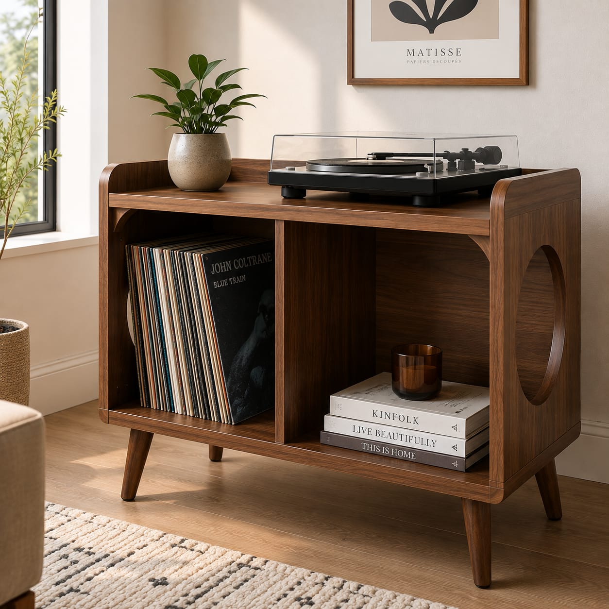 Mid-Century Record Player Stand with Vinyl Storage – 60 cm Turntable Stand & LP Organizer