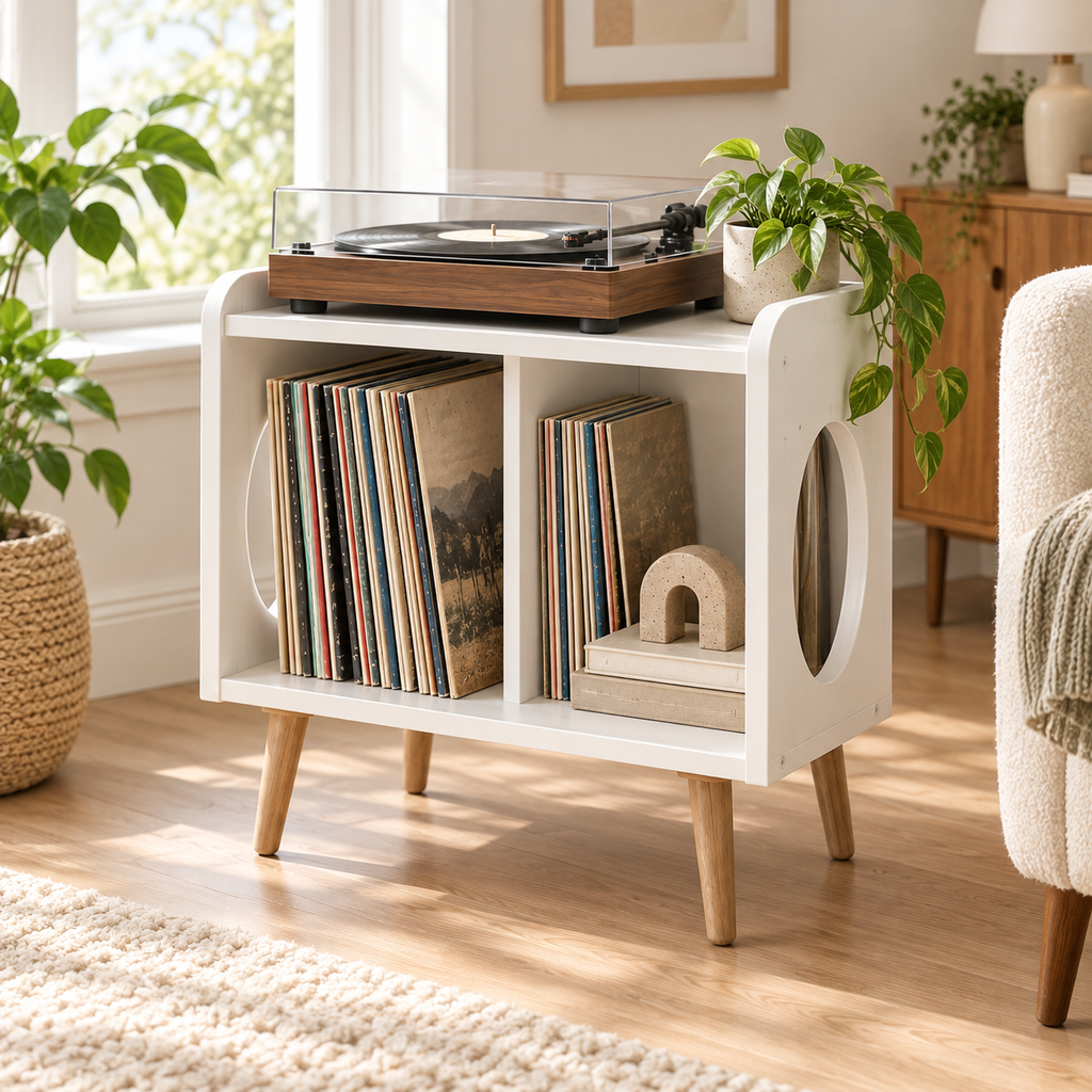 Compact Record Player Stand with Vinyl Storage – Turntable Stand & LP Organizer, 45 cm Wide