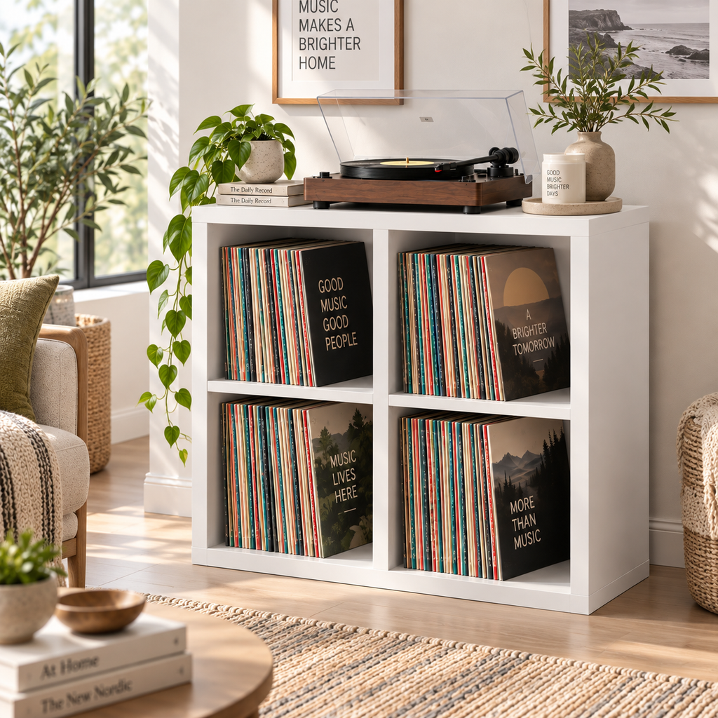 حامل جهاز تسجيل مع مساحة لتخزين أسطوانات الفينيل - طاولة عصرية لجهاز الجراموفون ومنظم لأسطوانات الفينيل