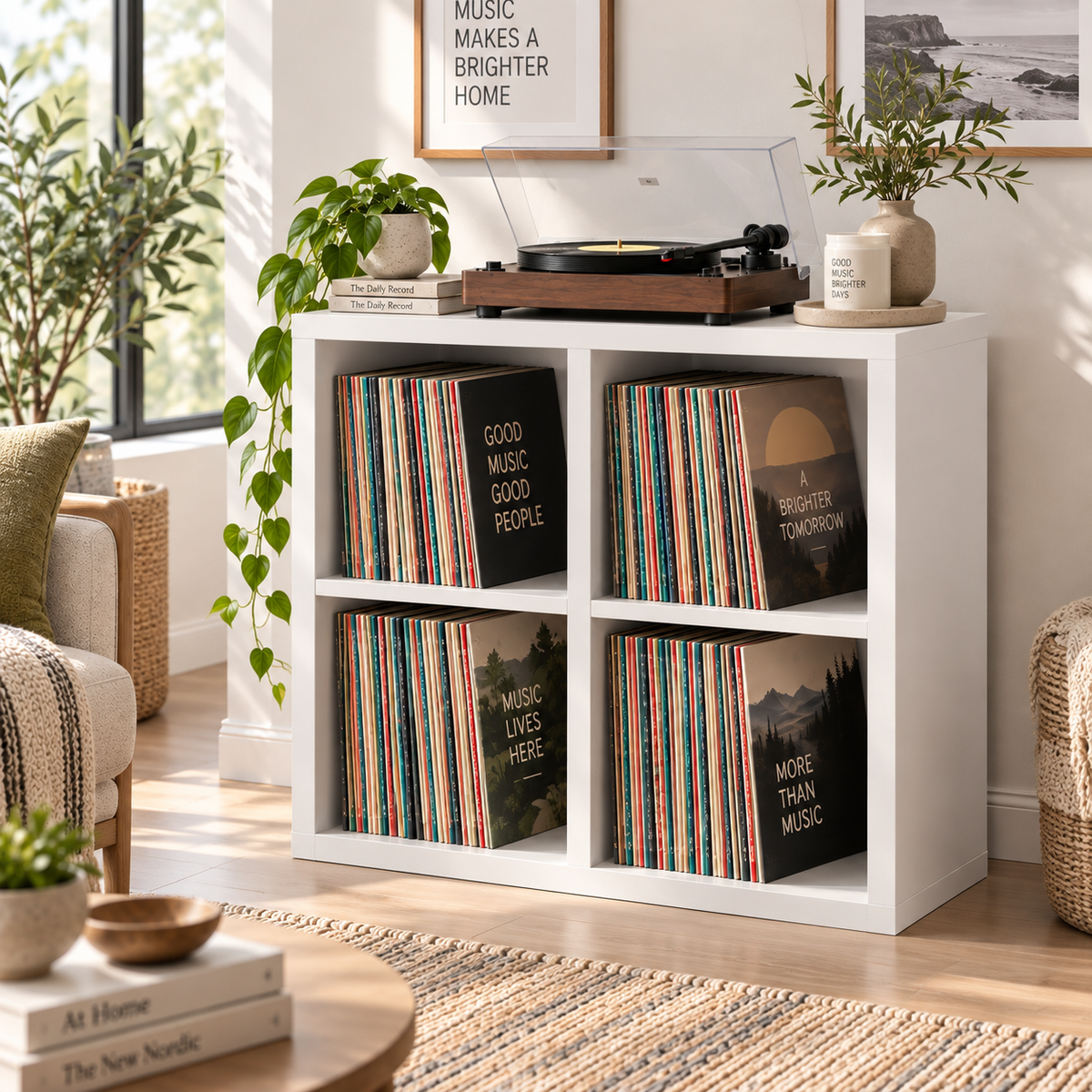 حامل جهاز تسجيل مع مساحة لتخزين أسطوانات الفينيل - طاولة عصرية لجهاز الجراموفون ومنظم لأسطوانات الفينيل