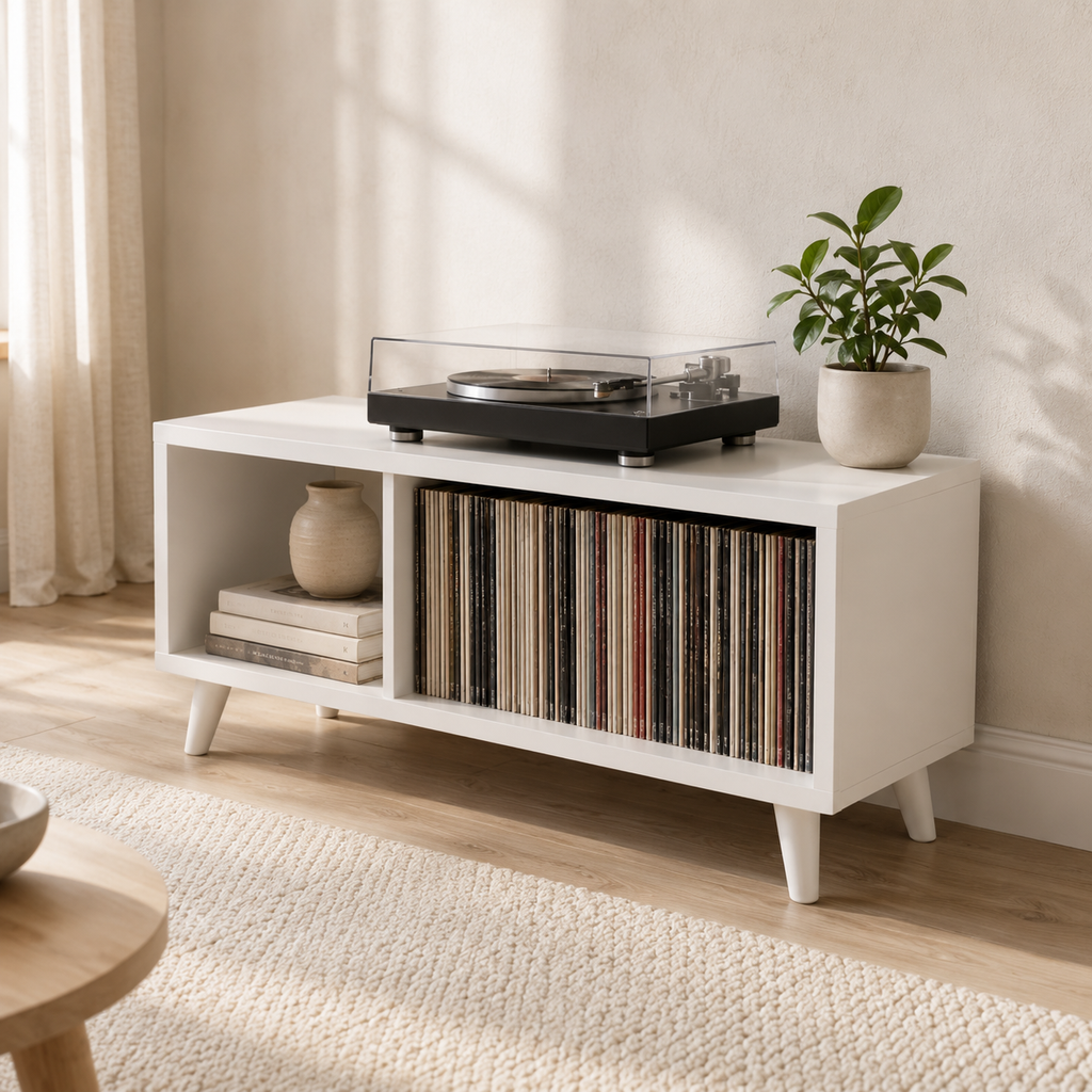 Mid-Century Record Player Stand with Vinyl Storage – LP Organizer & Turntable Stand
