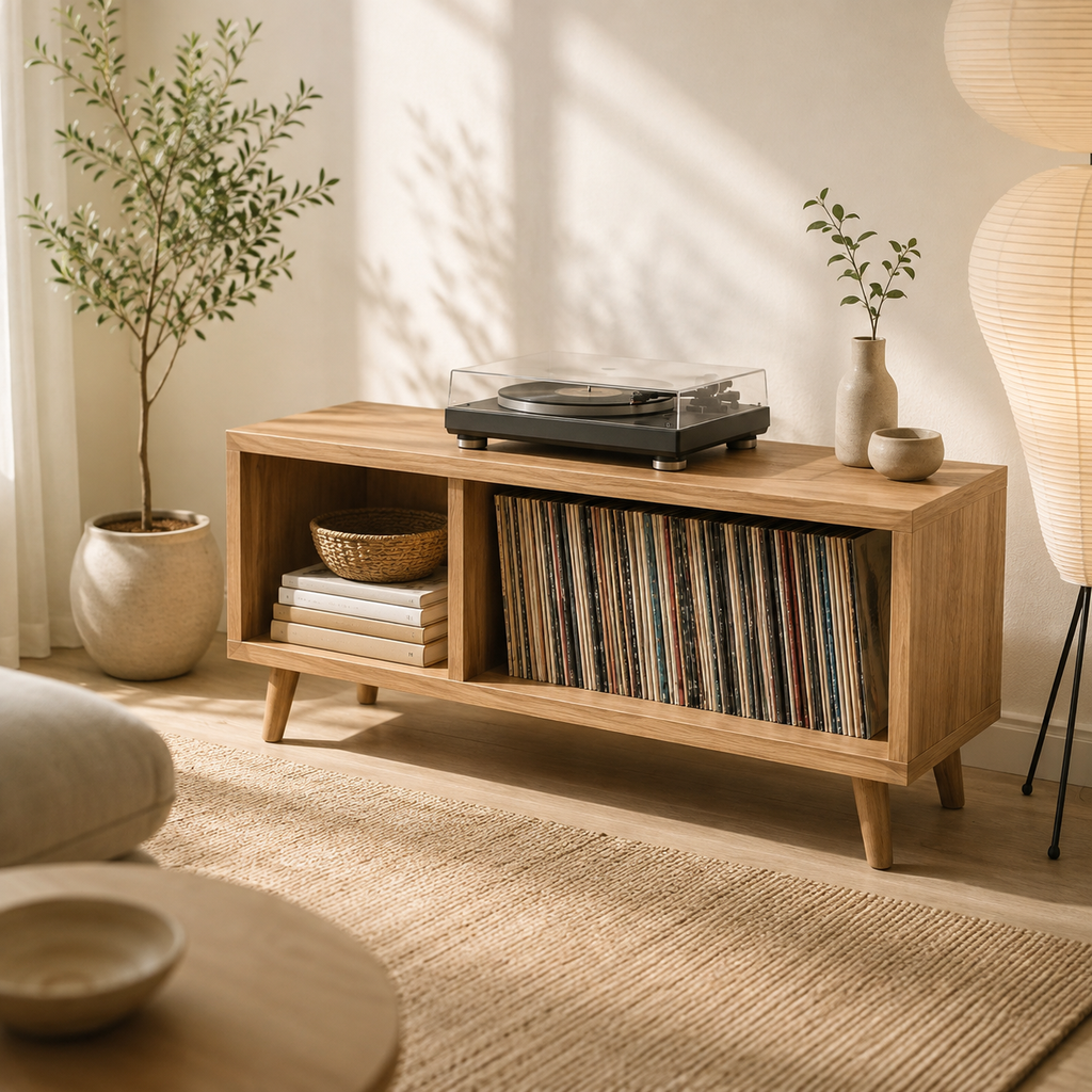 Mid-Century Record Player Stand with Vinyl Storage – LP Organizer & Turntable Stand