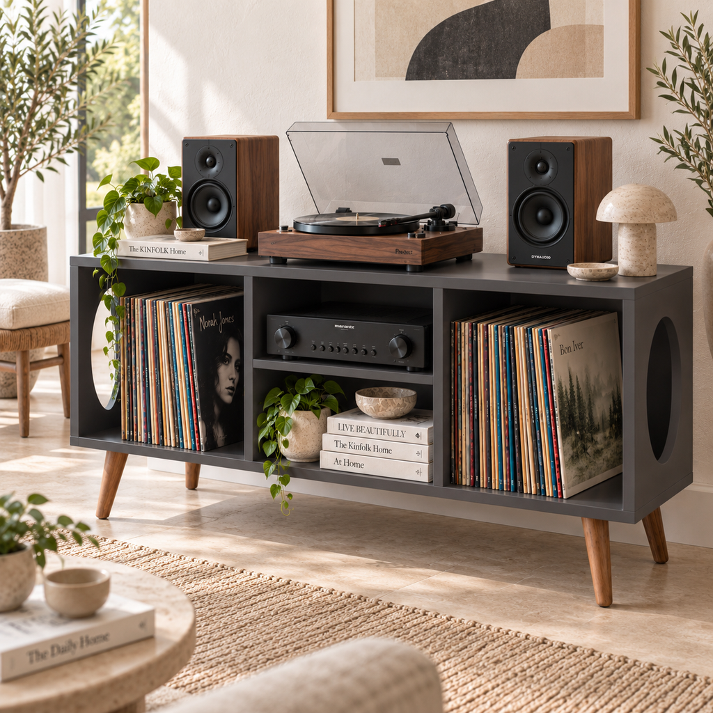 Vinyl Record Storage Console & Turntable Stand | LP Cabinet