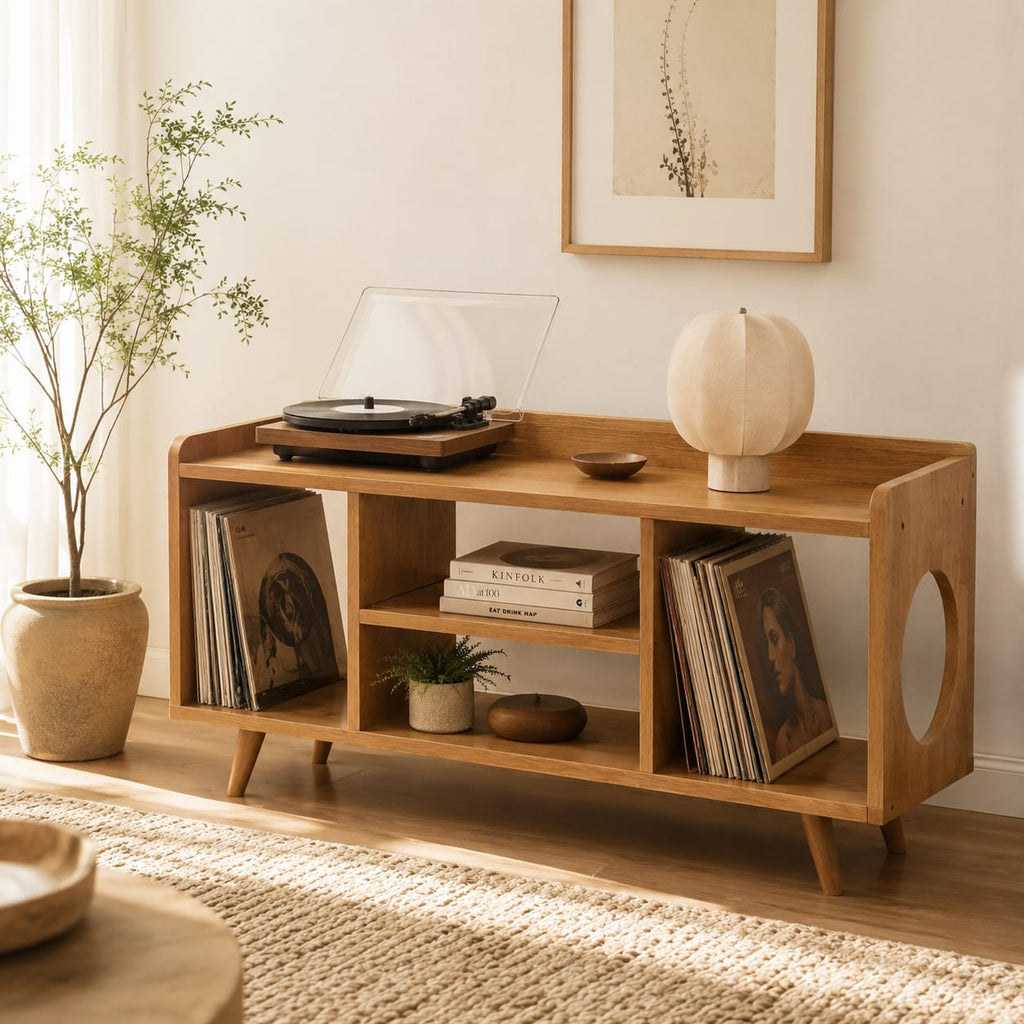 Mid-Century Record Player Table – Turntable Stand with Vinyl Storage & LP Organizer