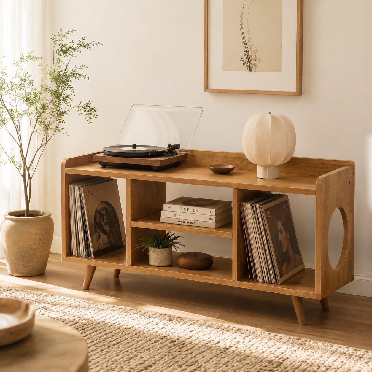 Mid-Century Record Player Table – Turntable Stand with Vinyl Storage & LP Organizer