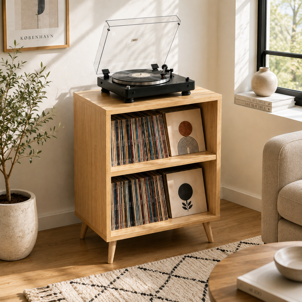 Tall Record Player Stand with Vinyl Storage – Modern Turntable Stand & LP Organizer