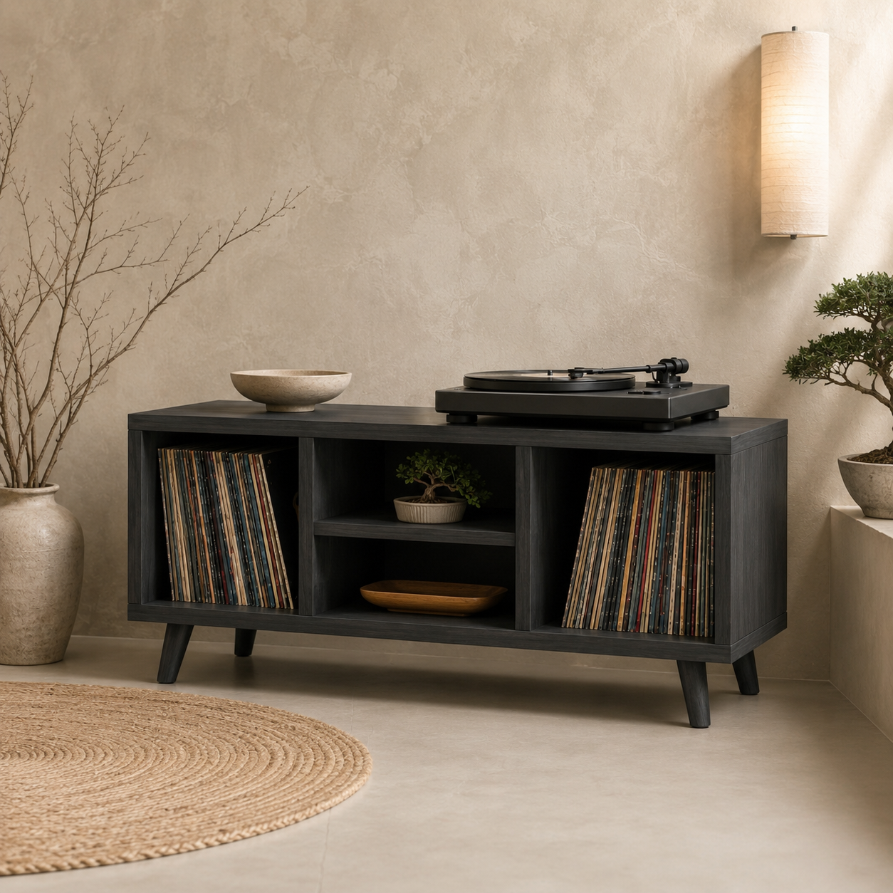 Modern Record Player Stand with Vinyl Storage – Turntable Stand & LP Organizer