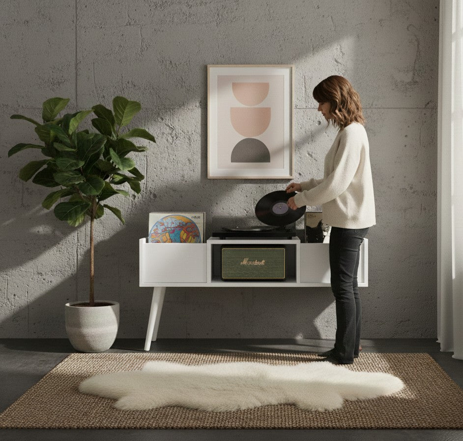 120cm レコードプレーヤー台（レコード収納付き）– モダンなターンテーブルスタンド＆LPオーガナイザー
