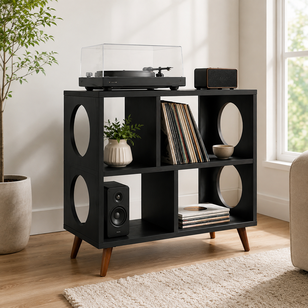 Modern Record Player Stand with Vinyl Storage – Turntable Cabinet & LP Organizer