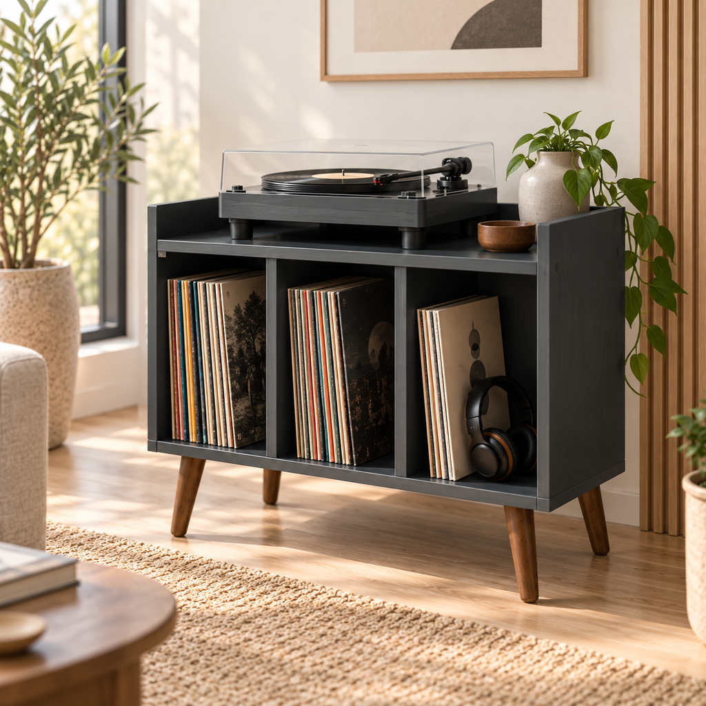 Compact Record Player Stand with Vinyl Storage – 60 cm Turntable Cabinet