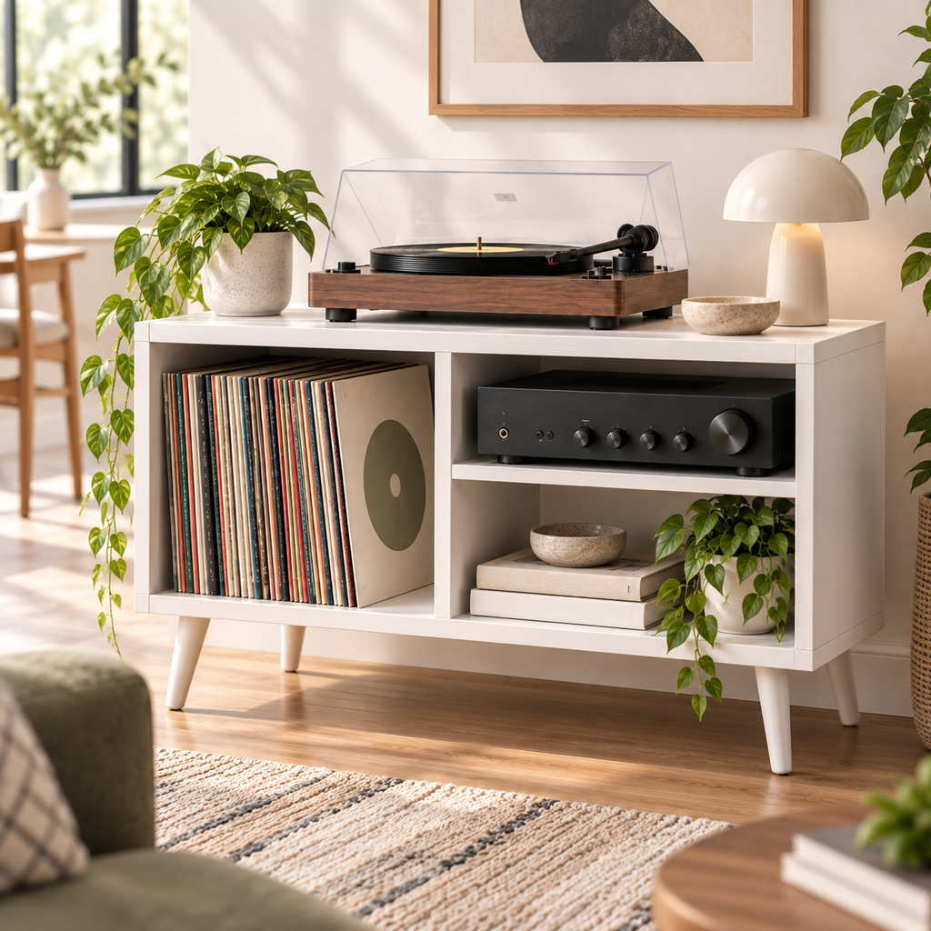 Modern Record Player Stand with Vinyl Storage – Turntable Table & LP Organizer