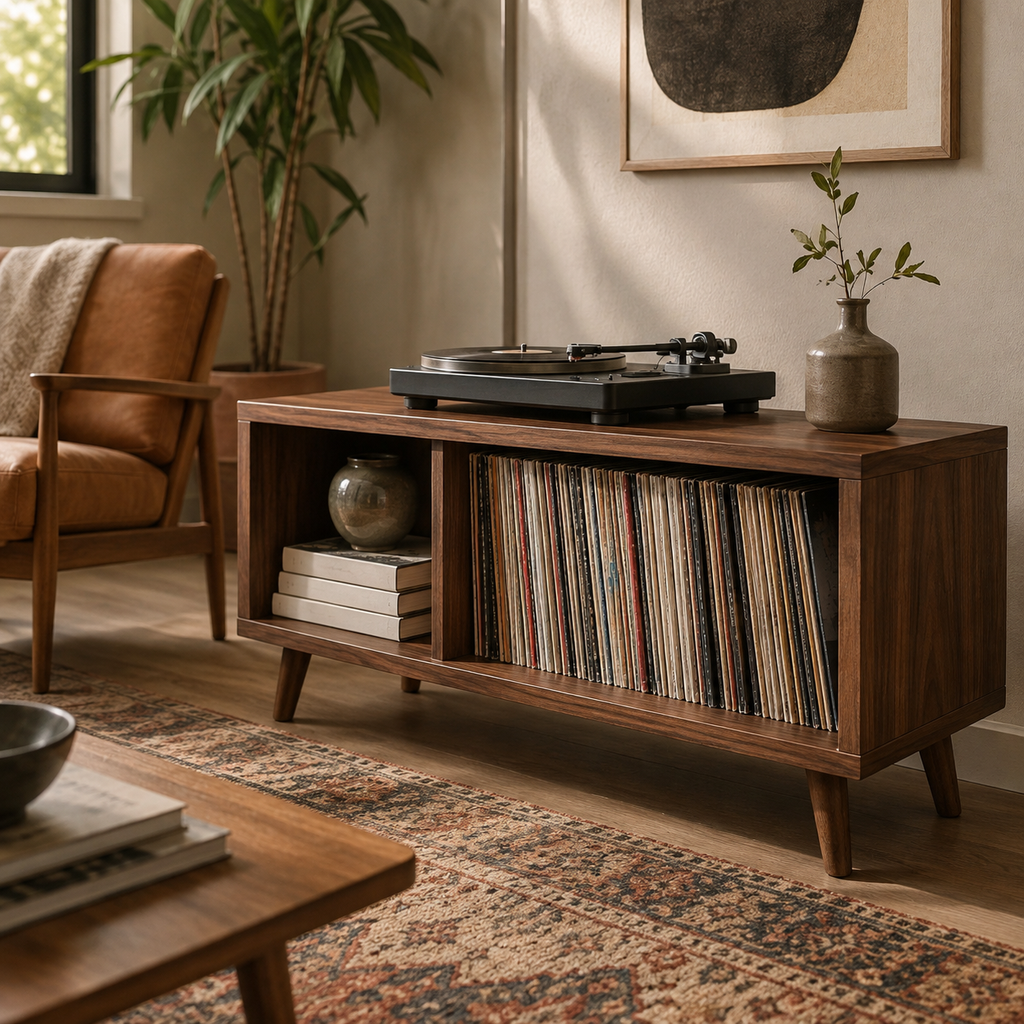 Mid-Century Record Player Stand with Vinyl Storage – LP Organizer & Turntable Stand