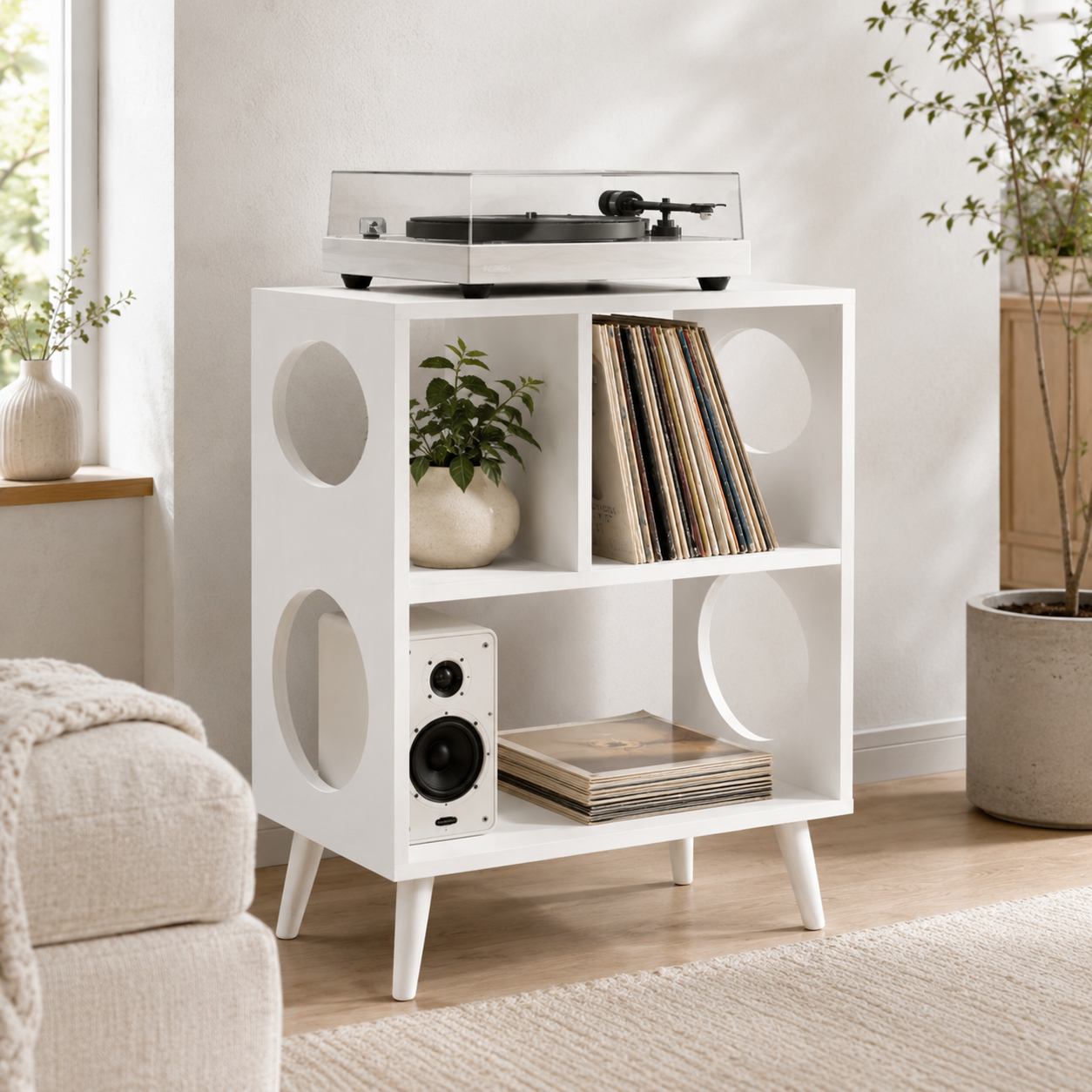 Narrow Record Player Stand with Vinyl Storage – Mid-Century Turntable Stand & LP Organizer